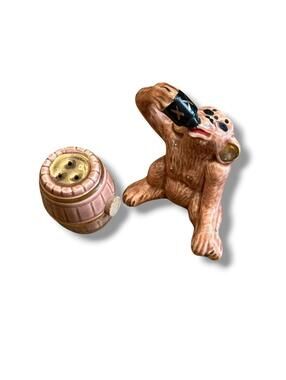 Vintage Drinking Monkey w/ Barrel Salt & Pepper Shakers